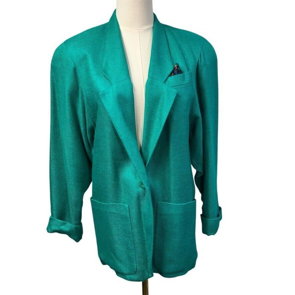 Cortland Collection Vintage 80's Rayon Linen Blazer Womens 2 USA Green Classic‎
